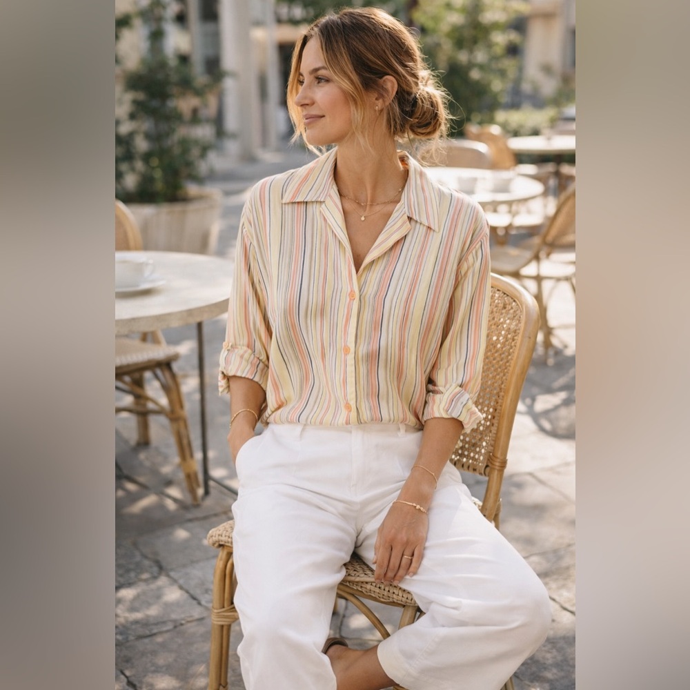 Chaus & Co 100% Silk Striped Button Front Blouse Women’s 16 Pastel Yellow Pink